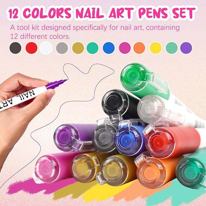12 Color Nail Art Pens for Painting Nails, 0.7 MM Nail Polish Pens Drawing Point Liner Acrylic Painted Pen Kit, Waterproof Quick-drying for DIY Nails Art Design Manicure Tools