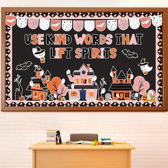 ojustbeok Halloween Bulletin Board Decorations Halloween Kind Classroom Cutouts Trick Treat Pumpkin Bat Ghost Castle Paper Decors for Holiday School Classroom Chalkboard Wall Decor Teacher Supplies
