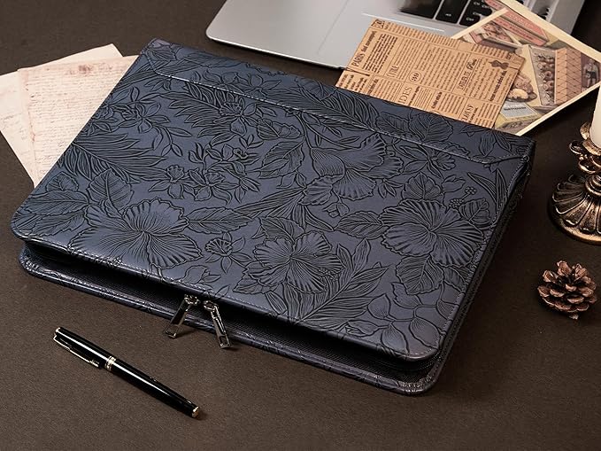 AZXCG Embossed Portfolio Binder,3-Ring Zipper Padfolio for Women and Men,A4/Letter Size,PU Leather with iPad,Professional Organizer for Resume/Interview