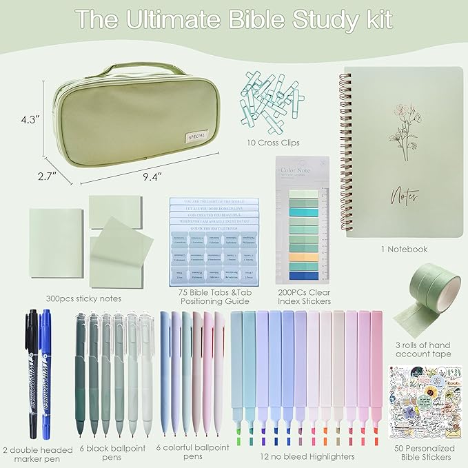 J6&H6 Complete Bible Study Supplies Journaling Kit with Tabs, Highlighters and Color Pens, Notebook,Stickers & More 56pcs Bible Accessories Set for Women, Beginner Christian Gifts(Green)