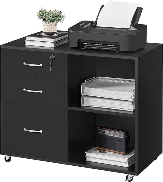 Yaheetech Black File Cabinet with Lock for Letter, A4 Size,3 Drawer Lateral Cabinet Printer Stand with Open Storage Compartments for Home Office, Black