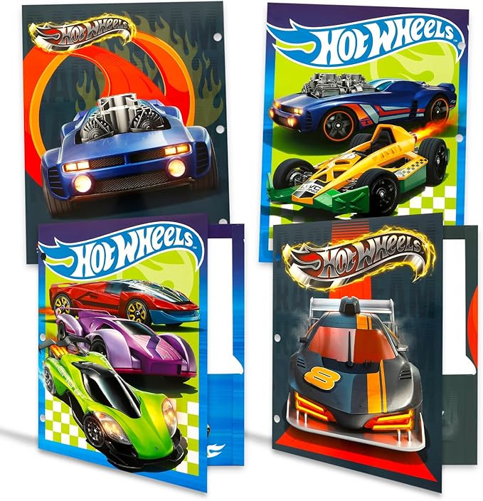 Hot Wheels Folder Set - Bundle with 4 Laminated Folders with 2 Pockets Each for Office, Classroom, Plus More | Hot Wheels Back to School Supplies