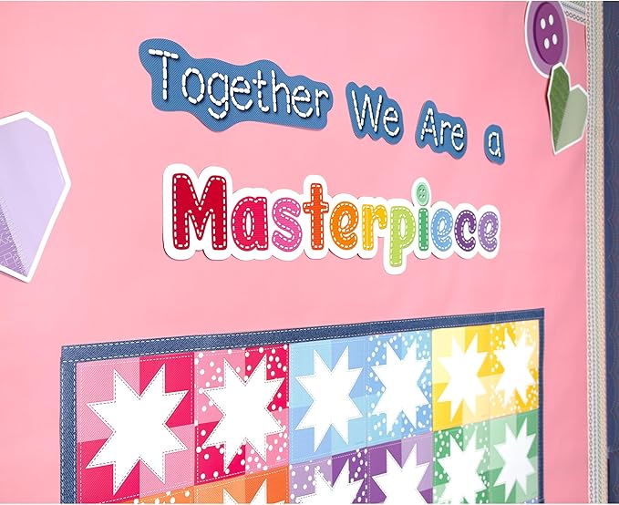 Carson Dellosa Crafty and Cool 54-Piece Together We are a Masterpiece Motivational Bulletin Board Set, Colorful Quilt Squares and Denim Strips Classroom Decor