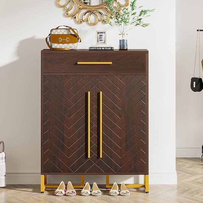 Tribesigns Shoe Cabinet with Doors, 20 Pairs Shoe Storage Cabinet with Drawer for Entryway, Modern Shoe Rack Organizer with Adjustable Shelves for Hallways Bedroom Living Room, Walnut & Gold
