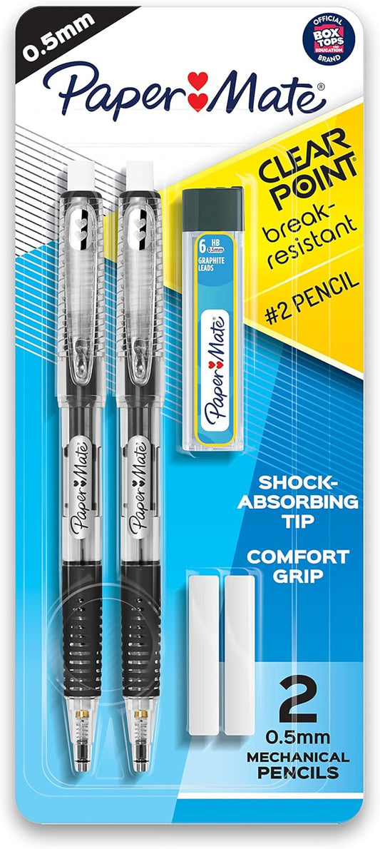 Paper Mate Clearpoint Mechanical Pencils 0.5mm Break Resistant HB #2 Lead School Supplies Art Supplies Drawing Sketching Pencils 2 Black 1 Lead Refill Set 2 Erasers