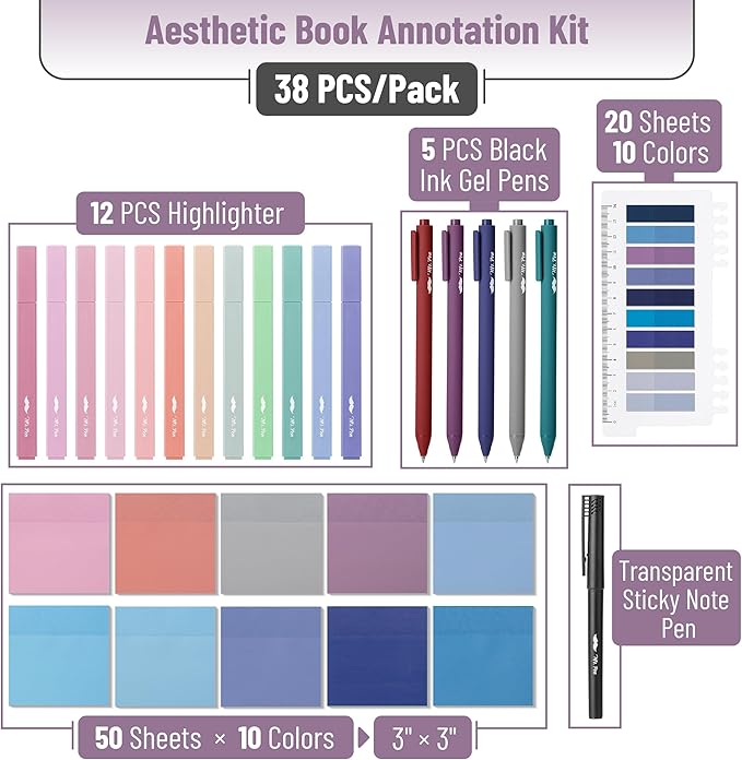 Mr. Pen- Aesthetic Book Annotation Kit, 38 pcs, Aesthetic Highlighters and Gel Pens, Transparent Sticky Notes, Transparent Sticky Tabs for Books, Highlighter Set, Annotation Sticky Notes for Books