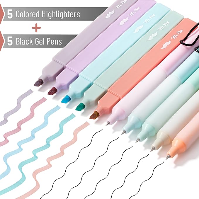 Mr. Pen- Aesthetic Highlighters and Gel Pens, 10 Pack, Morandi Color Highlighters, Assorted Color Gel Pens