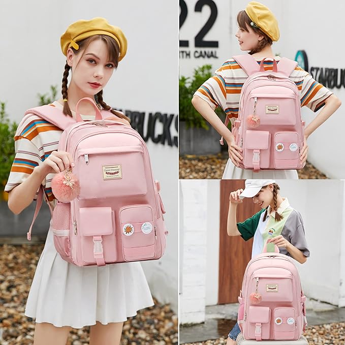 Hidds School Backpack for Teen Girls Women College Laptop Backpacks Kids Cute Bookbag Set with Lunch Box Pencil Case Elementary Middle High Campus Bag 3 Pcs Students Bookbags Sets Travel Daypack-Pink