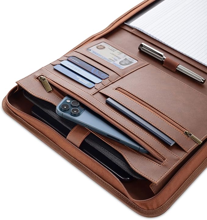 Forevermore Portfolios Padfolio Binder - Professional Faux Leather Travel Organizer Pouch for Tablet, Documents, Presentation Folders, Zipper Closure, Notepad - Brown (Pack of 2)