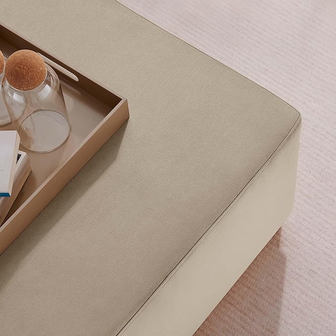 Modway Tilden 28 Inch Square Performance Velvet Upholstered Ottoman in Taupe Natural - Large Ottoman Foot Rest with Rubberwood Plinth Base, Living Room Ottoman Coffee Table - Velvet Ottoman Table