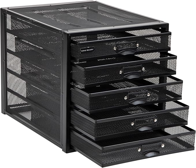 Mind Reader File Storage Drawers, Desk Organizer, Multi-Purpose, Crafts, Office, Metal Mesh, 11"L x 14"W x 11"H, Black, 5 Drawer