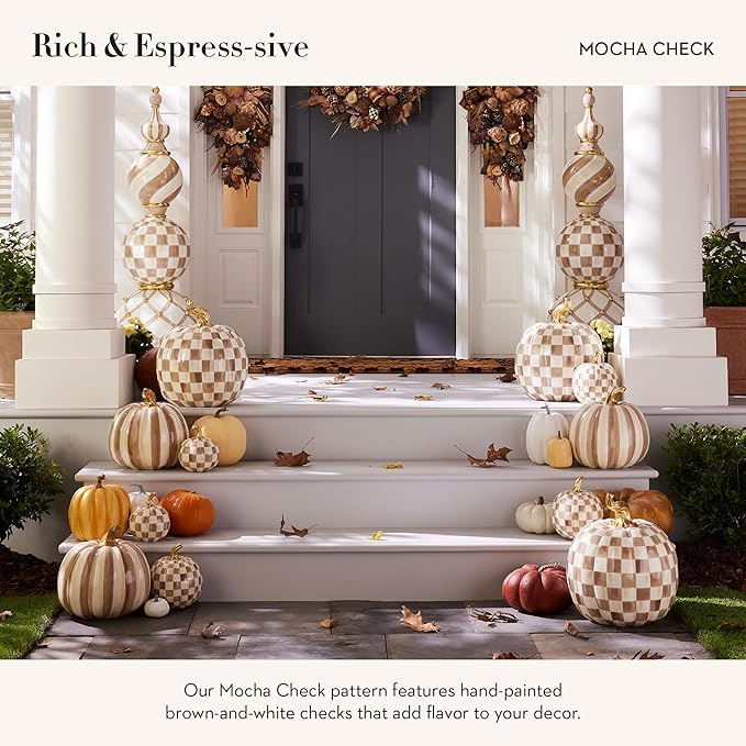 MACKENZIE-CHILDS Mini Pumpkin, Resin Halloween Home Decor, Brown-and-White Mocha Check