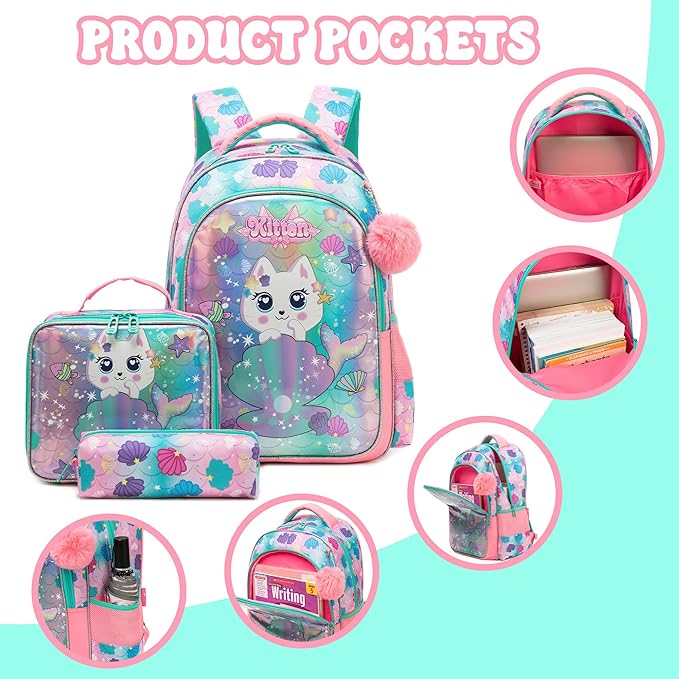 School Backpack for Girls 8-12 Backpacks for Girls Backpack with Lunch Box Kids Bookbag for School Aesthetic Backpacks for Elementary Middle Pink Schoolbag for Girl
