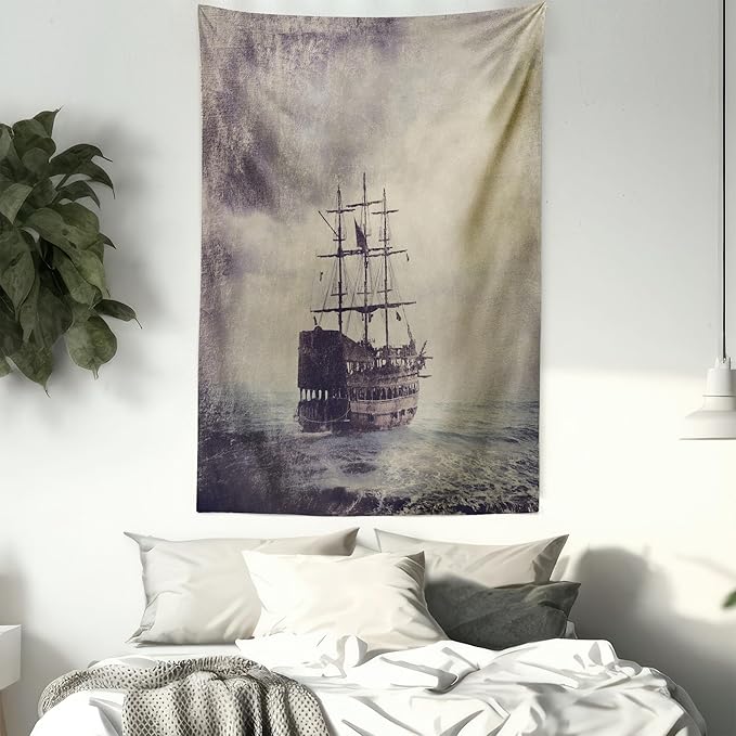 Ambesonne Nautical Tapestry, Old Pirate Ship in the Sea Historical Cruise Retro Voyage Grunge Style Art, Fabric Wall Hanging Decor for Bedroom Living Room Dorm, 30" X 45", Tan Plum
