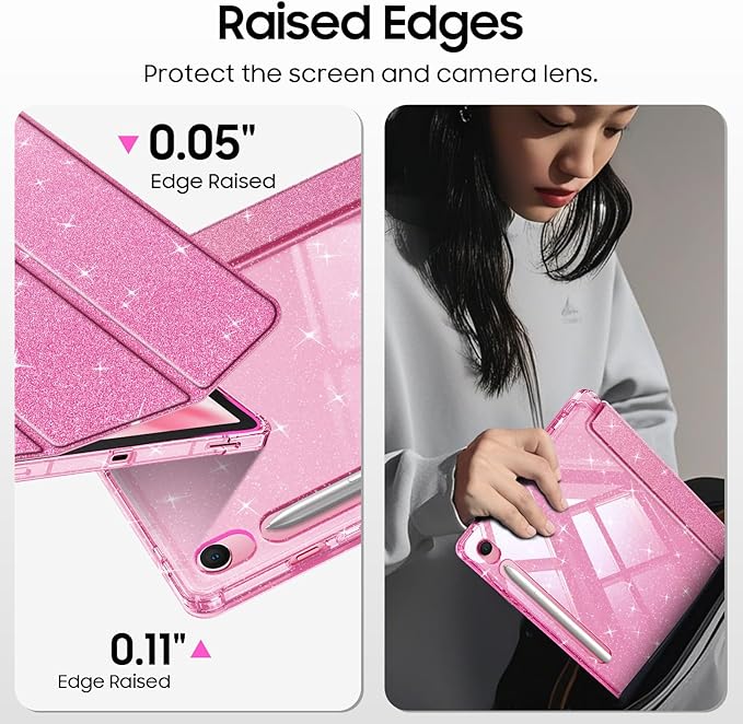 Fintie Slim Case for Samsung Galaxy Tab S10 Lite/ S10 FE/ S9 FE 5G 10.9 Inch/Tab S9 11 Inch with S Pen Holder, Glittering Sparkly Shockproof Cover with Shiny Clear Back Shell, Auto Wake/Sleep, Pink