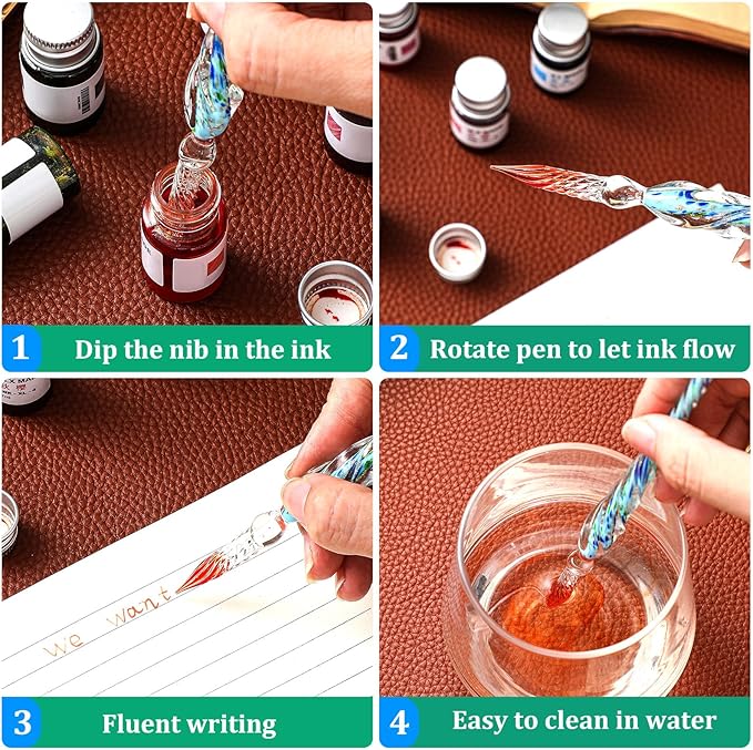 Zonon 6 Pieces Handmade Glass Dip, Crystal Glass Signature Calligraphy Vintage Dip Ink Pen Borosilicate Present Pen for Writing Drawing Decoration(Blue Green Color,Classic Style)