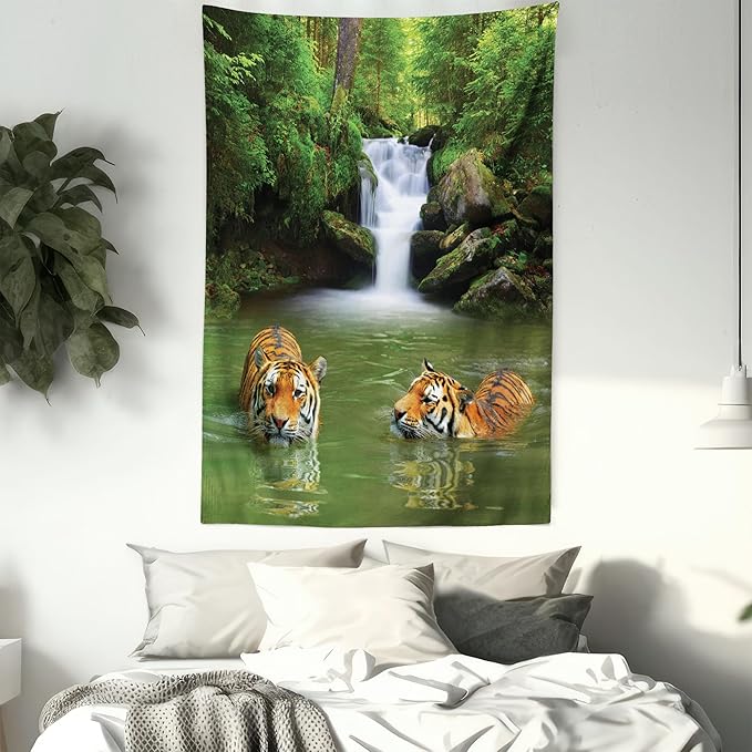 Ambesonne Savannah Tapestry, Siberian Tigers in Water Waterfall Pool Woodland Swimming Natural, Fabric Wall Hanging Decor for Bedroom Living Room Dorm, 23" X 28", Reseda Green Orange