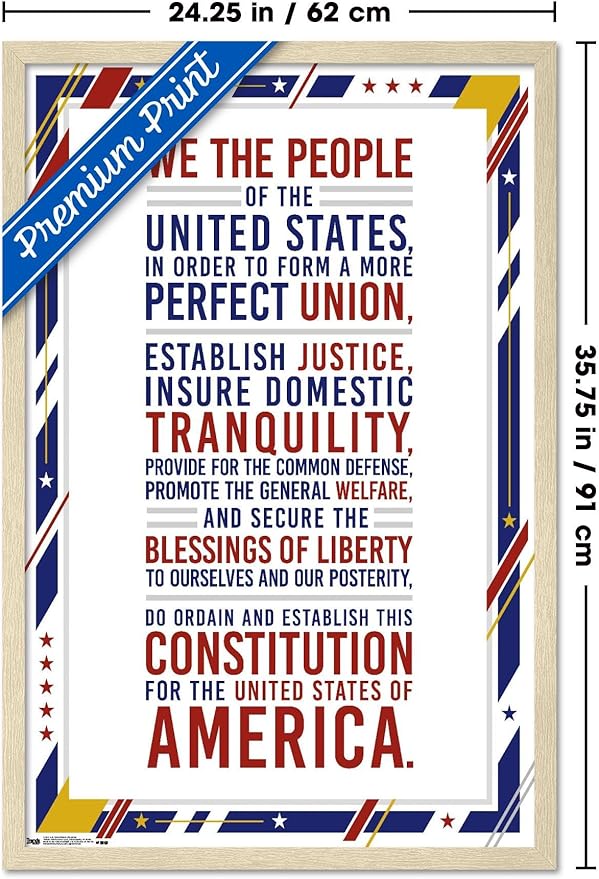 The United States Of America - Constitution Preamble Wall Poster, 34L" x 22.4W", Blonde Framed Version