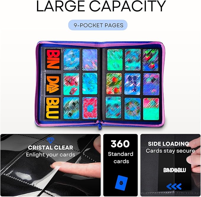 9 Pocket Trading Card Zip Binder - 360 Side Loading Pocket Binder for Colletible Games, Sport, TCG - Trading Card Binder - Gift Card holder for Boys and Girls - Blue card binder