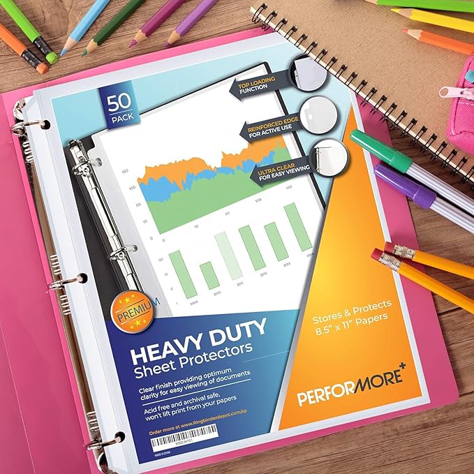 50 Sheet Protectors 8.5 x 11 for 3 Ring Binder, Heavy Duty, Clear Page Protector, Polypropylene Plastic Sleeves, Top Loading, Reinforced Holes, Archival Safe - Performore