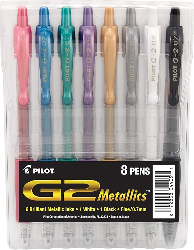 Pilot G2 Premium Metallics Gel Pens, Gel Roller Pens, Fine Point 0.7 mm Assorted Colors Pack of 8