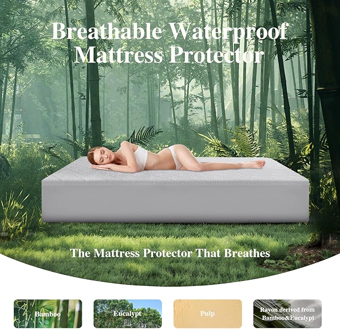 Queen Mattress Protector, Waterproof Mattress Pad Washable Rayon Mattress Cover Breathable Noiseless Bed Protector 3D Patterns 5" - 21'' Elastic Fitted Deep Pocket(Light Grey)