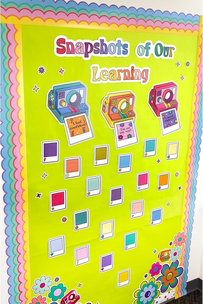 Happily Ever Elementary Retro Remix 83-Piece Snapshots of Our Learning Bulletin Board Set, Banner, Vintage Cameras, Photos, and More Groovy Bulletin Board Decorations for Classroom Decor