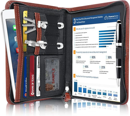 Godery Padfolio/Portfolio, Leather Zippered Padfolio Portfolio Binder 5 x 8 Legal Writing Pad, Professional Business Portfolio for Men & Women, Card Holder, Notepad Clipboard Holder (Brown-9.5 * 6.5)