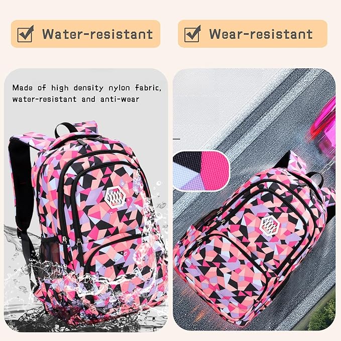 3Pcs Geometric Print Kids Backpack Set for Girls with Lunchbag, Purple Girls Backpack Elementary Middle School Bag Bookbag