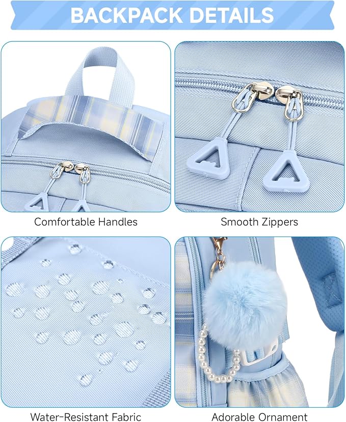 Girls Backpack with Lunch Box 3Pcs, Waterproof School Bag Set for Teen Elementary Middle School, Multi-Pocket Laptop Bookbag Lightweight, Blue