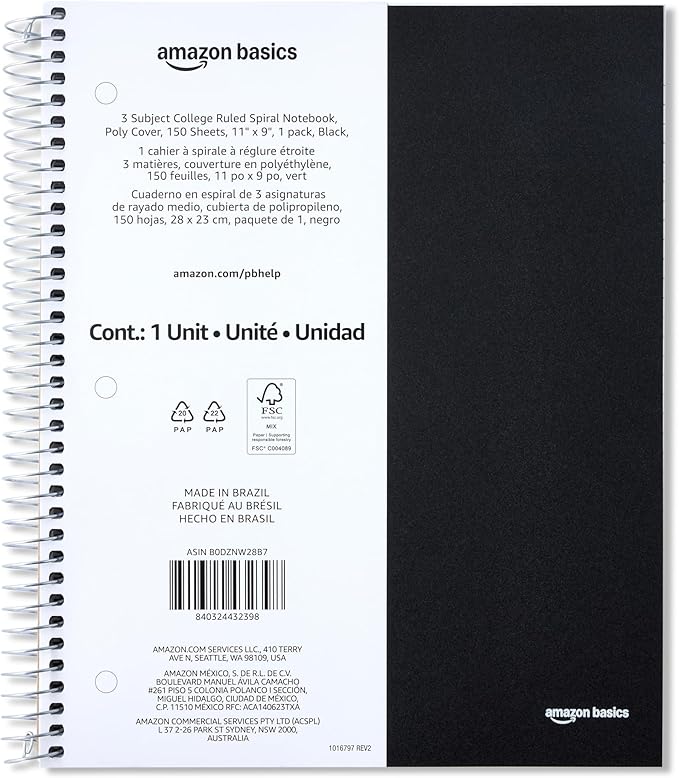 Amazon Basics College Ruled Spiral Notebook, Poly Cover, 3 Subject, 150 Sheets, 9" x 11", Black, 1 pack