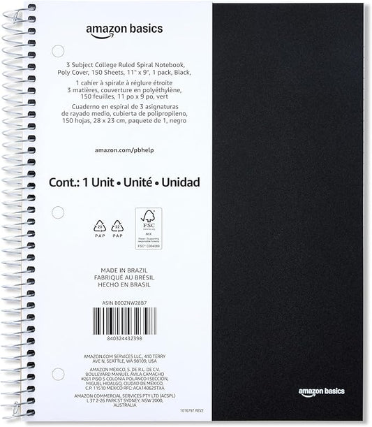 Amazon Basics College Ruled Spiral Notebook, Poly Cover, 3 Subject, 150 Sheets, 9" x 11", Black, 1 pack