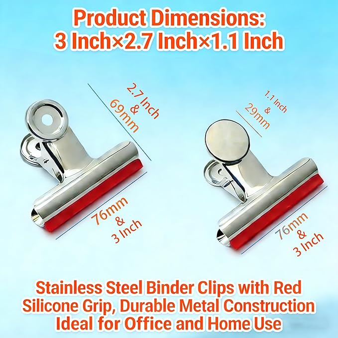 3 Inch Extra Large Magnetic Bulldog Clips, Silver, 10 Pack, Silicone Covered Binder Clips with No Sharp Edges, Foldable Clamps for Food Chip Bags & Document Organization