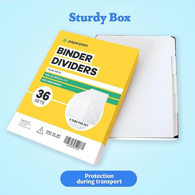 Binder Dividers with Tabs - (Set of 36) x 8 Tab Dividers for 3 Ring Binders, White, Reinforced Edge - Ideal for Keeping Your Documents Neat and Professional