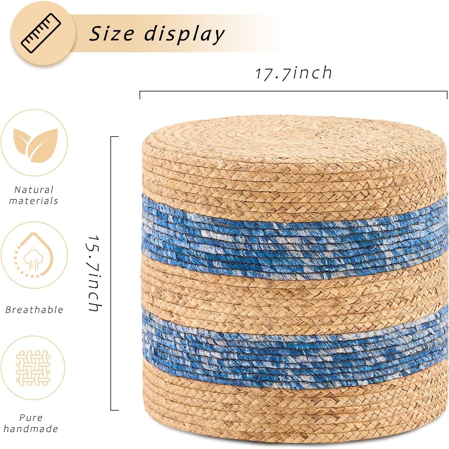 Handwoven Ottoman Pouf, Natural Water Hyacinth Footstool, Round Braided Outdoor Seat with Sturdy Frame, Boho Accent Stool for Patio, Balcony, or Garden (Blue)