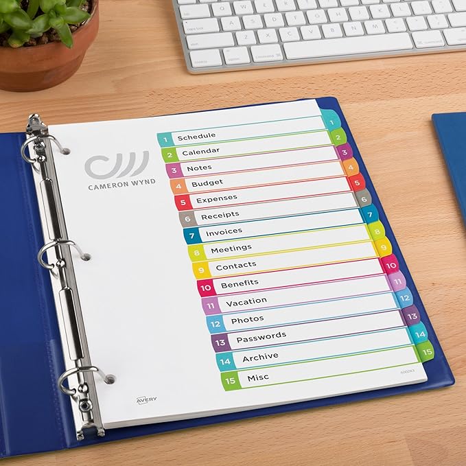 Avery Dividers for 3 Ring Binders, 15 Tabs per Set, Customizable Table of Contents, Multicolor Arched Tabs, Great for Organizing Reports, Projects, and More (11845)