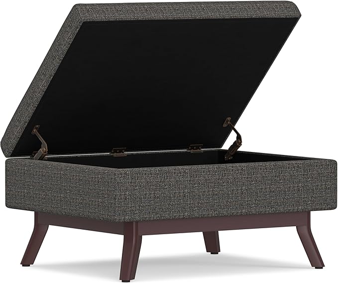 SIMPLIHOME Owen Coffee Table Storage Ottoman - 34 inch Wide Upholstered Tweed Look Fabric Rectangular Lift-Top Ottoman in Ebony, Mid-Century Modern Bench for Living Room with Tapered Legs