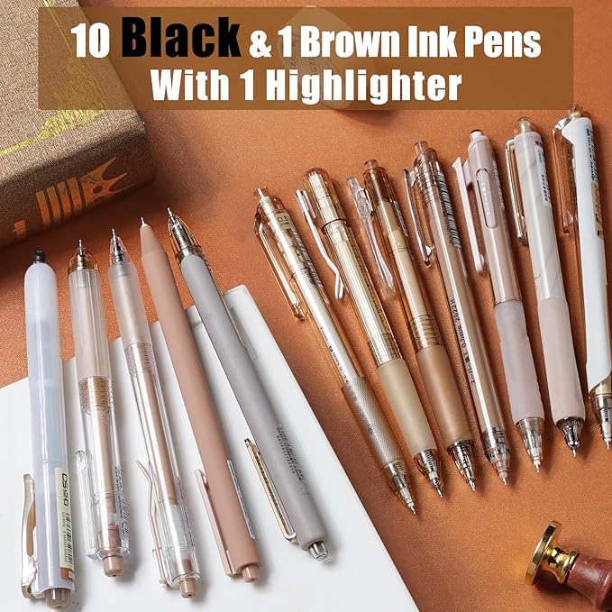 Four Candies Moor Series Gel Pens, Aesthetic Black & Brown Ink Pens with 0.5 mm Fine Point, Boho School Office Supplies Neutral Beige Desk Accessories, Set of 12