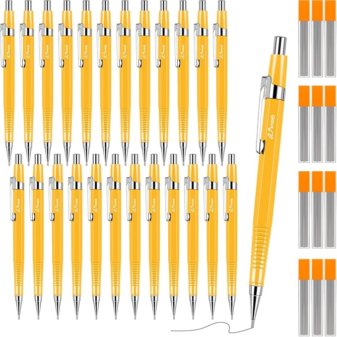 Gueevin 24 Pcs Mechanical Pencil Metal Penpoint Mechanical Pencil Retractable Automatic Drafting Pencils Refills for Writing Drawing Signature(0.9mm,Yellow)