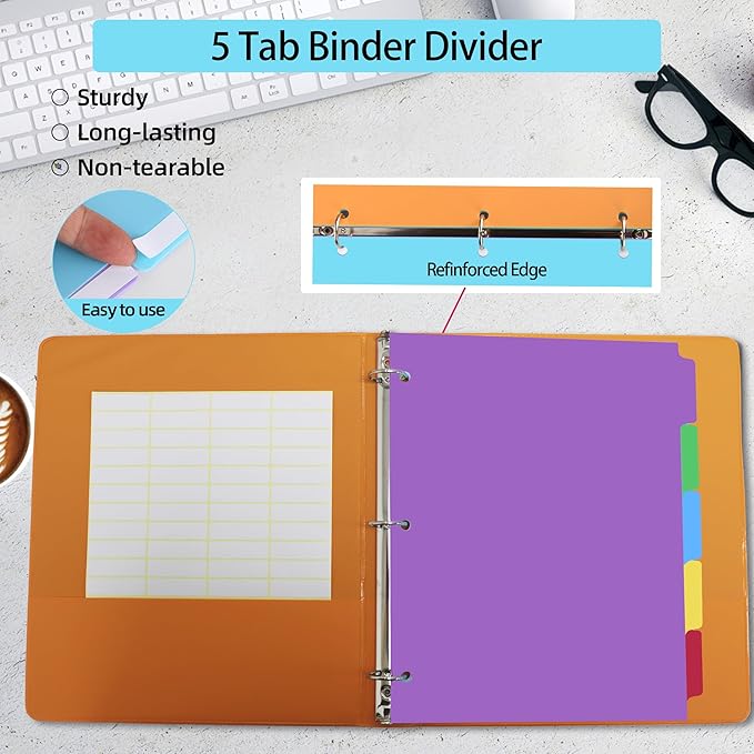 Dividers for 3 Ring Binders,5 TAB Binder Dividers,Plastic, Multicolor Binder separators with tabs，Colored 6 Sets