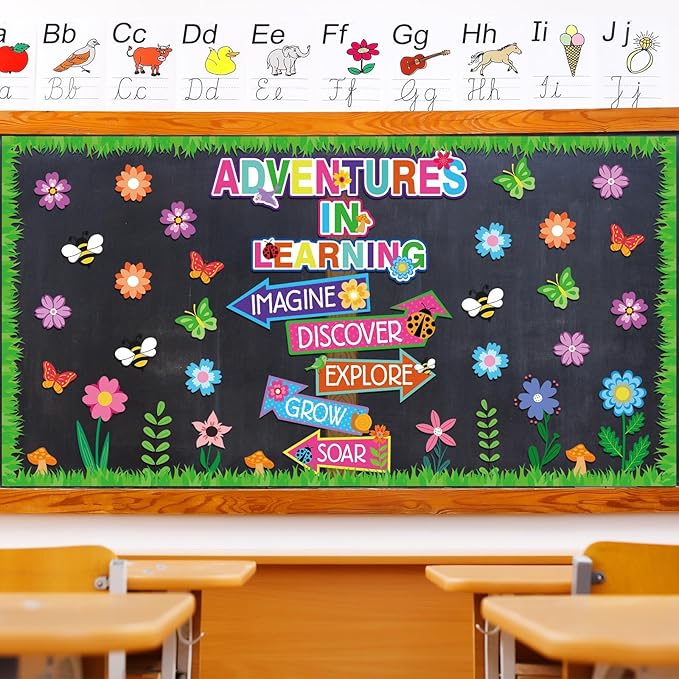 56 Spring Piece Adventures in Reading Bulletin Board Classroom Decoration Flower Signpost Paper Cutouts Supplies Colorful Floral Bulletin Board Decorations for Spring Classroom Wall Door Flower Decor