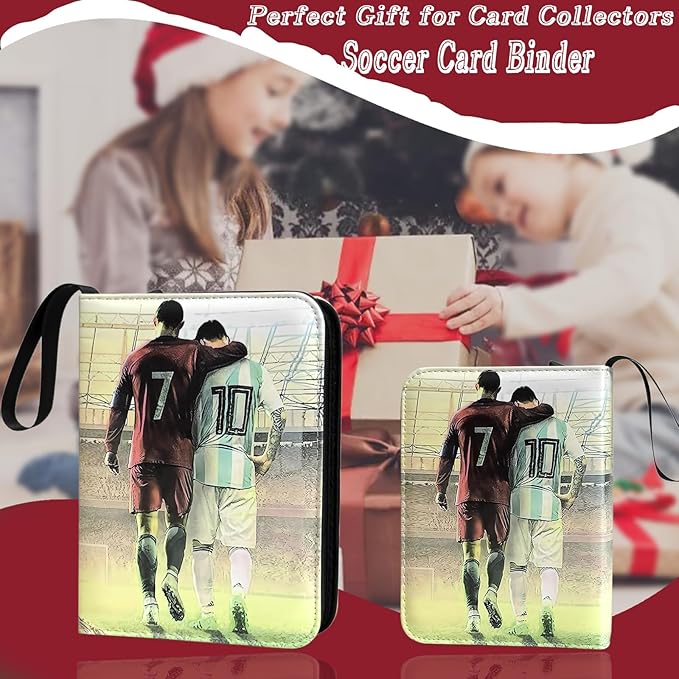 Soccer Card Binder - 400 Capacity 4-Pocket Trading Card Album, 3 Ring Card Holder Binder, Waterproof PU Leather, Zip Closure, Perfect Christmas Birthday Gift for Kids & Collectors