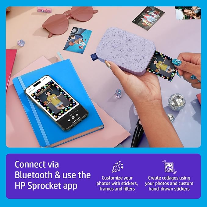 HP Sprocket Portable 2x3 Instant Photo Printer (Lilac) Print Pictures on Zink Sticky-Backed Paper from Your iOS & Android Device.