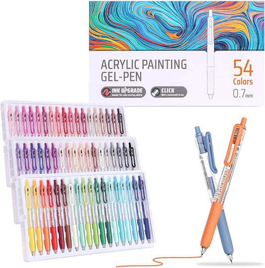 Acrylic Colored Pens Set, 54 Colors Retractable Gel Ink Pens, 0.7mm Fine Point Colorful Pen for Black Paper, Rock, Glass, Fabric and Art Crafts Supplies, Color Pen for Journaling Note Taking