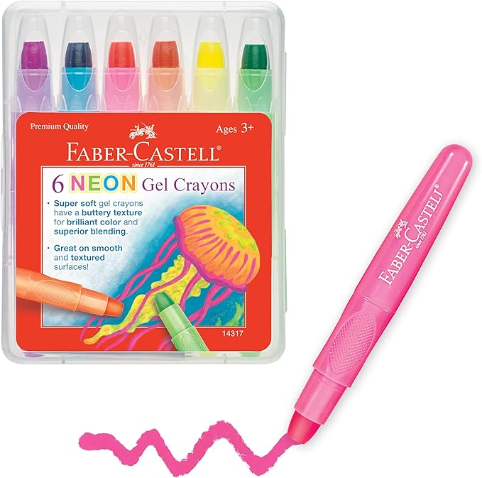 Faber-Castell Neon Gel Crayons: 6 Jumbo Drawing Sticks in a Durable Storage Case: Toddler Art Supplies for Coloring, Twistable Crayons for Kids Drawing Supplies (Ages 3+)