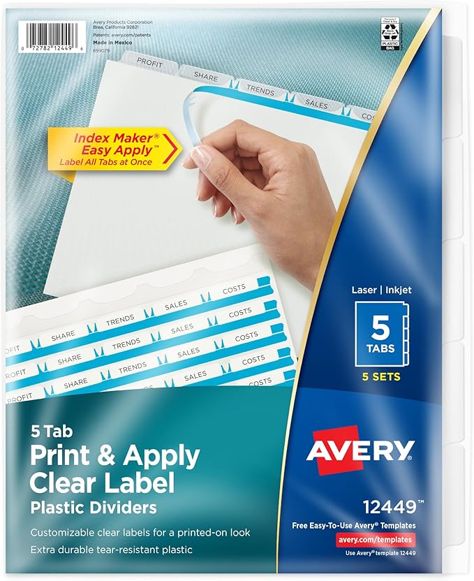 Avery 5 Tab Plastic Dividers for 3 Ring Binder, Easy Print & Apply Clear Label Strip, Index Maker Customizable Frosted White Tabs, 5 Sets (12449)