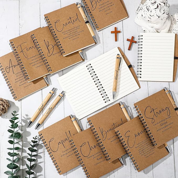 Kosiz 60 Sets Christian Gifts Bulk Inspirational Bible Verse Spiral Notebook and Religious Bamboo Ballpoint Pen Journal with Scripture for Easter Church Member First Communion Teacher Holy Week (Brown)