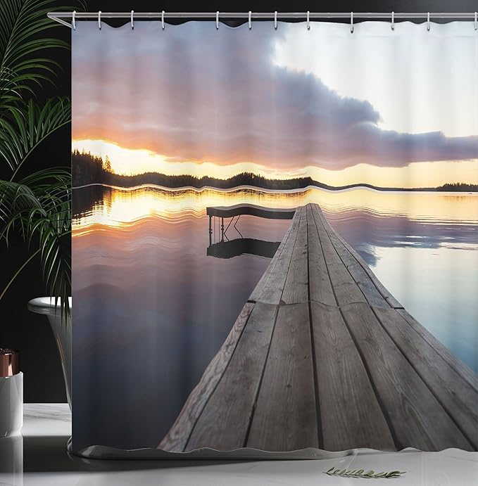 Ambesonne Landscape Shower Curtain, Serenity Relaxing Themed Port Pier Wooden Rustic Image of Dawn Sunset in Lake Art, Cloth Fabric Bathroom Decor Set Hooks, 69" W x 75" L, Multicolor Indigo Pale Blue