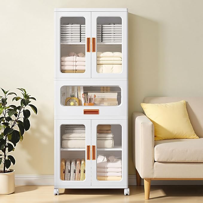 VECELO 226QT Stackable Storage Bins with Lids, Large Storage Cabinet with Drawer and Doors, Movable Wheels, Adjustable Shelves, Anti-Tip, for Living Room, Bedroom, Kitchen, White