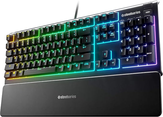 SteelSeries Apex 3 RGB Gaming Keyboard – 10-Zone RGB Illumination – IP32 Water Resistant – Premium Magnetic Wrist Rest (Whisper Quiet Gaming Switch) (Renewed)